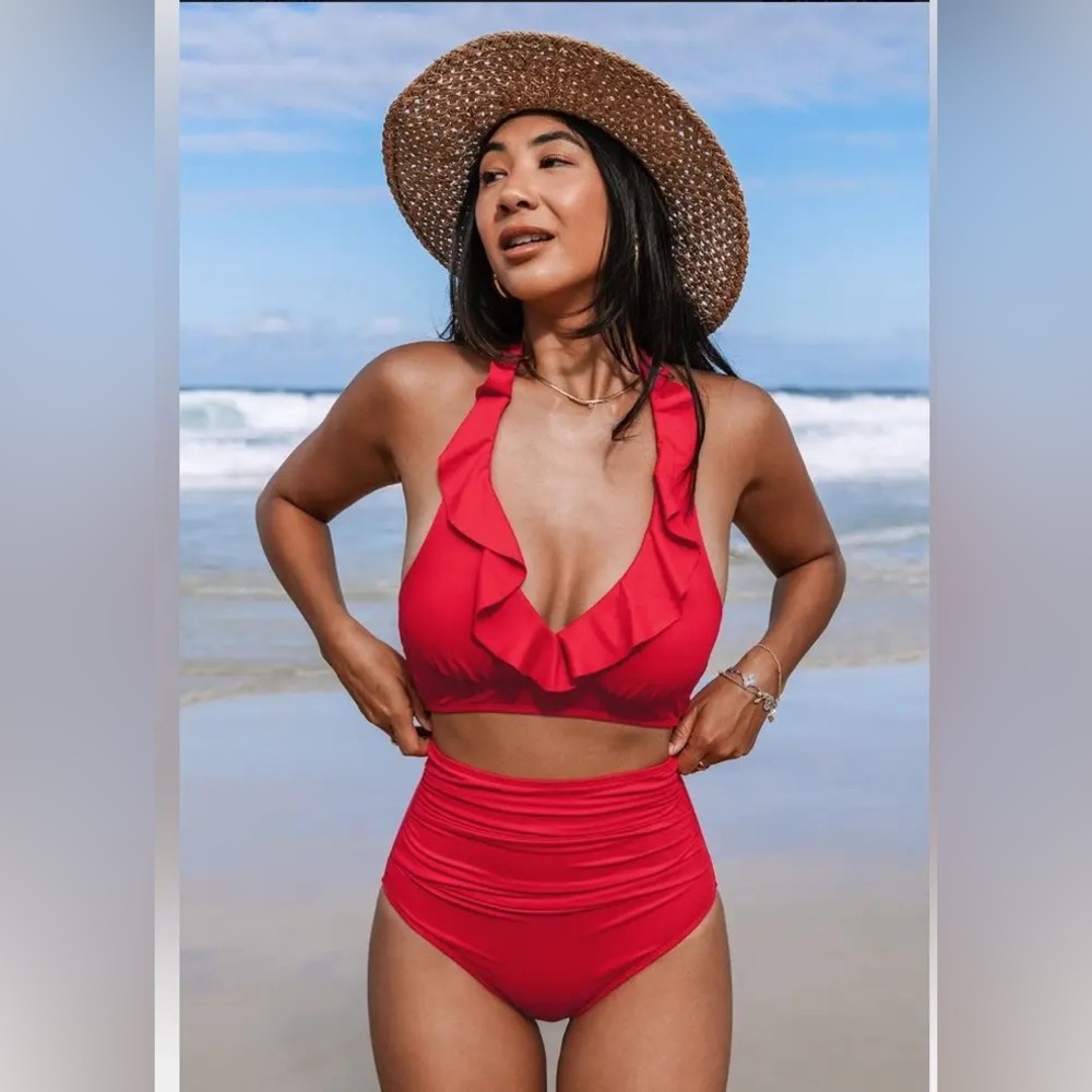 Cupshe Red Ruffle Bikini Top & Slim Sculpt Bottom Set S
